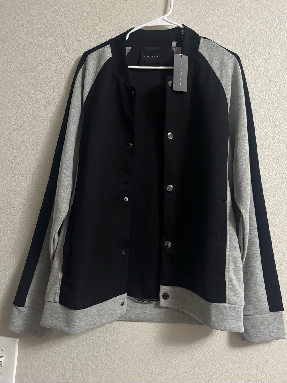 Elie Tahari Black Bomber Jacket with Gray Sleeves and Trim